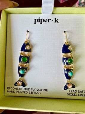 Piper•k Articulated Fish Dangle Earrings with Turquoise & Hand Painted Brass